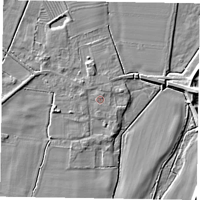 Shaded relief map of the ground around NG220UG, computed from Environment Agency LiDAR. The ground here sits at about 6 m above sea level and falls 9 m across the surrounding 800 m. Surface water reaching this point runs off ground lying to the west-north-west, 2.0 m higher.