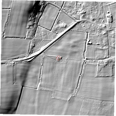 Shaded relief map of the ground around NG220UH, computed from Environment Agency LiDAR. The ground here sits at about 6 m above sea level and falls 12 m across the surrounding 800 m. Surface water reaching this point runs off ground lying to the west-south-west, 9.0 m higher.