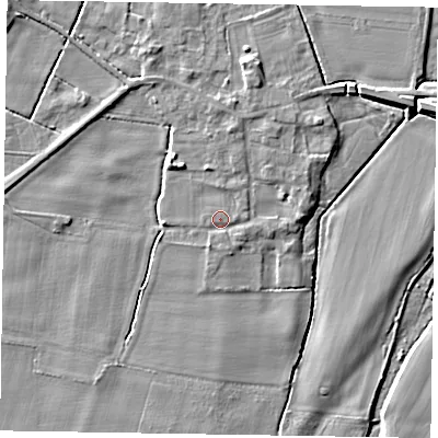 Shaded relief map of the ground around NG220UQ, computed from Environment Agency LiDAR. The ground here sits at about 6 m above sea level and falls 5 m across the surrounding 800 m. Surface water reaching this point runs off ground lying to the south-south-west, 1.3 m higher.