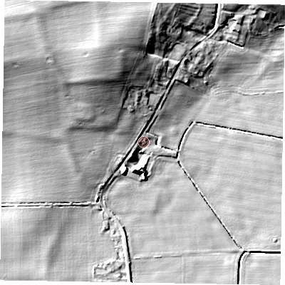 Shaded relief map of the ground around NG220UR, computed from Environment Agency LiDAR. The ground here sits at about 8 m above sea level and falls 15 m across the surrounding 800 m. Surface water reaching this point runs off ground lying to the north-north-west, 10.9 m higher.