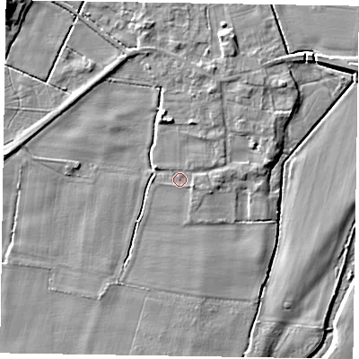 Shaded relief map of the ground around NG220US, computed from Environment Agency LiDAR. The ground here sits at about 6 m above sea level and falls 9 m across the surrounding 800 m. Surface water reaching this point runs off ground lying to the east-south-east, 1.5 m higher.