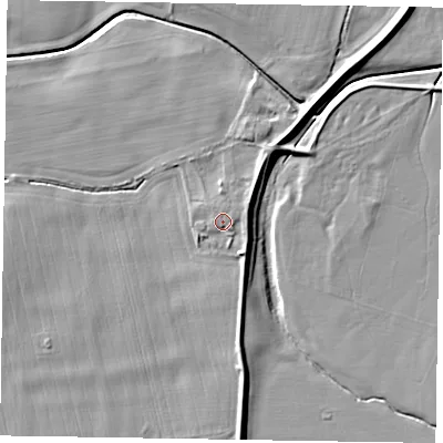 Shaded relief map of the ground around NG220UU, computed from Environment Agency LiDAR. The ground here sits at about 8 m above sea level and falls 6 m across the surrounding 800 m. Surface water reaching this point runs off ground lying to the east-south-east, 1.2 m higher.