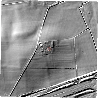 Shaded relief map of the ground around NG220UY, computed from Environment Agency LiDAR. The ground here sits at about 14 m above sea level and falls 15 m across the surrounding 800 m. Surface water reaching this point runs off ground lying to the west-south-west, 4.6 m higher.