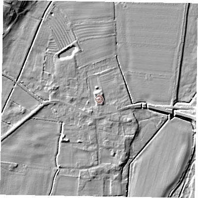 Shaded relief map of the ground around NG220WA, computed from Environment Agency LiDAR. The ground here sits at about 7 m above sea level and falls 10 m across the surrounding 800 m. Surface water reaching this point runs off ground lying to the north-north-west, 2.0 m higher.