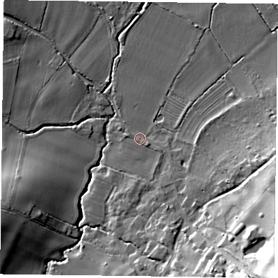 Shaded relief map of the ground around NG228AE, computed from Environment Agency LiDAR. The ground here sits at about 40 m above sea level and falls 30 m across the surrounding 800 m. Surface water reaching this point runs off ground lying to the south-south-east, 6.8 m higher.