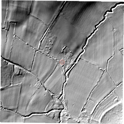 Shaded relief map of the ground around NG228AF, computed from Environment Agency LiDAR. The ground here sits at about 39 m above sea level and falls 21 m across the surrounding 800 m. Surface water reaching this point runs off ground lying to the north-north-west, 12.5 m higher.