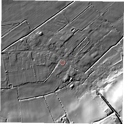 Shaded relief map of the ground around NG228BE, computed from Environment Agency LiDAR. The ground here sits at about 39 m above sea level and falls 22 m across the surrounding 800 m. Surface water reaching this point runs off ground lying to the west, 4.2 m higher.