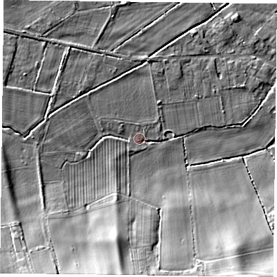 Shaded relief map of the ground around NG228BQ, computed from Environment Agency LiDAR. The ground here sits at about 41 m above sea level and falls 14 m across the surrounding 800 m. Surface water reaching this point runs off ground lying to the south-south-west, 10.7 m higher.