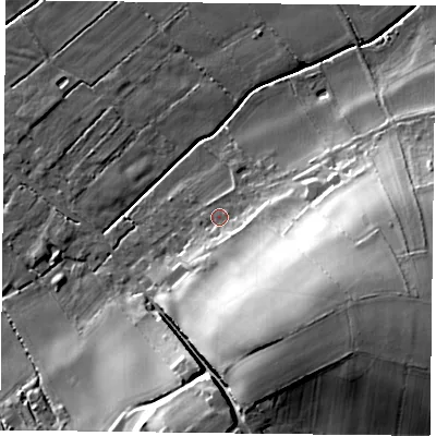 Shaded relief map of the ground around NG228BX, computed from Environment Agency LiDAR. The ground here sits at about 39 m above sea level and falls 28 m across the surrounding 800 m. Surface water reaching this point runs off ground lying to the east-south-east, 22.3 m higher.