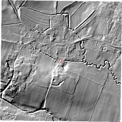 Shaded relief map of the ground around NG228NA, computed from Environment Agency LiDAR. The ground here sits at about 34 m above sea level and falls 13 m across the surrounding 800 m. Surface water reaching this point runs off ground lying to the west-south-west, 10.2 m higher.