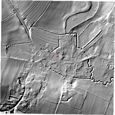 Shaded relief map of the ground around NG228ND, computed from Environment Agency LiDAR. The ground here sits at about 35 m above sea level and falls 16 m across the surrounding 800 m. Surface water reaching this point runs off ground lying to the north-north-west, 9.3 m higher.