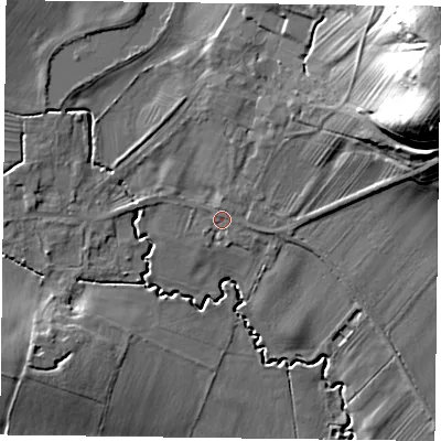 Shaded relief map of the ground around NG228NL, computed from Environment Agency LiDAR. The ground here sits at about 35 m above sea level and falls 45 m across the surrounding 800 m. Surface water reaching this point runs off ground lying to the east-north-east, 37.9 m higher.