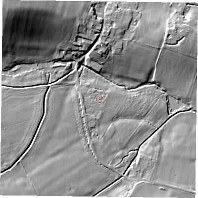 Shaded relief map of the ground around NG228NQ, computed from Environment Agency LiDAR. The ground here sits at about 33 m above sea level and falls 24 m across the surrounding 800 m. Surface water reaching this point runs off ground lying to the south-west, 0.9 m higher.