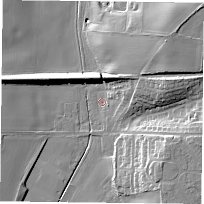 Shaded relief map of the ground around NG228QN, computed from Environment Agency LiDAR. The ground here sits at about 60 m above sea level and falls 22 m across the surrounding 800 m. Surface water reaching this point runs off ground lying to the west-south-west, 5.6 m higher.