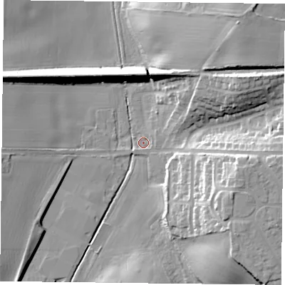 Shaded relief map of the ground around NG228RF, computed from Environment Agency LiDAR. The ground here sits at about 60 m above sea level and falls 19 m across the surrounding 800 m. Surface water reaching this point runs off ground lying to the east-south-east, 18.4 m higher.