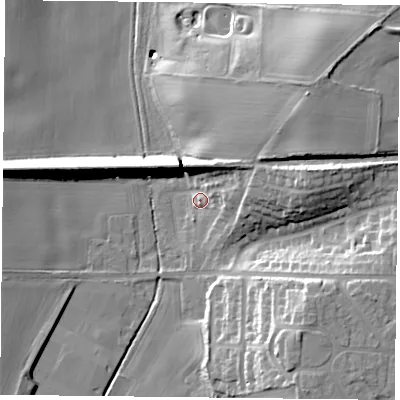 Shaded relief map of the ground around NG228UR, computed from Environment Agency LiDAR. The ground here sits at about 63 m above sea level and falls 23 m across the surrounding 800 m. Surface water reaching this point runs off ground lying to the west, 15.3 m higher.