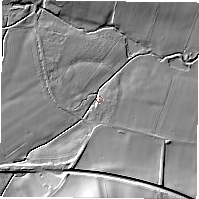 Shaded relief map of the ground around NG228US, computed from Environment Agency LiDAR. The ground here sits at about 33 m above sea level and falls 22 m across the surrounding 800 m. Surface water reaching this point runs off ground lying to the south-south-west, 10.8 m higher.
