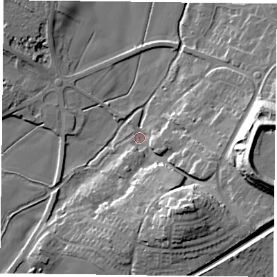 Shaded relief map of the ground around NG229AA, computed from Environment Agency LiDAR. The ground here sits at about 42 m above sea level and falls 30 m across the surrounding 800 m. Surface water reaching this point runs off ground lying to the south-east, 22.7 m higher.