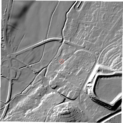 Shaded relief map of the ground around NG229AD, computed from Environment Agency LiDAR. The ground here sits at about 42 m above sea level and falls 31 m across the surrounding 800 m. Surface water reaching this point runs off ground lying to the south-east, 10.1 m higher.