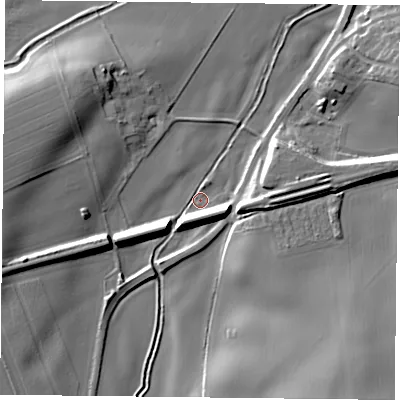 Shaded relief map of the ground around NG229BY, computed from Environment Agency LiDAR. The ground here sits at about 43 m above sea level and falls 14 m across the surrounding 800 m. Surface water reaching this point runs off ground lying to the south-east, 12.9 m higher.