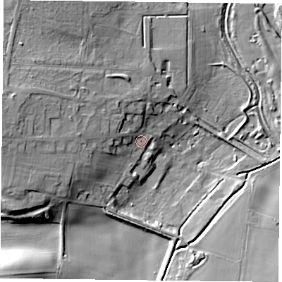 Shaded relief map of the ground around NG229DE, computed from Environment Agency LiDAR. The ground here sits at about 52 m above sea level and falls 20 m across the surrounding 800 m. Surface water reaching this point runs off ground lying to the west, 9.9 m higher.
