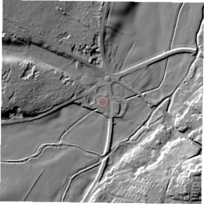 Shaded relief map of the ground around NG229DT, computed from Environment Agency LiDAR. The ground here sits at about 43 m above sea level and falls 27 m across the surrounding 800 m. Surface water reaching this point runs off ground lying to the west, 0.6 m higher.