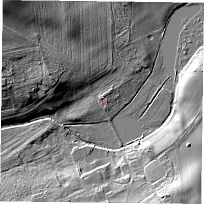 Shaded relief map of the ground around NG229EH, computed from Environment Agency LiDAR. The ground here sits at about 31 m above sea level and falls 18 m across the surrounding 800 m. Surface water reaching this point runs off ground lying to the west-north-west, 10.3 m higher.