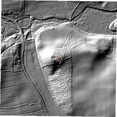 Shaded relief map of the ground around NG229EU, computed from Environment Agency LiDAR. The ground here sits at about 54 m above sea level and falls 17 m across the surrounding 800 m. Surface water reaching this point runs off ground lying to the west-south-west, 0.8 m higher.