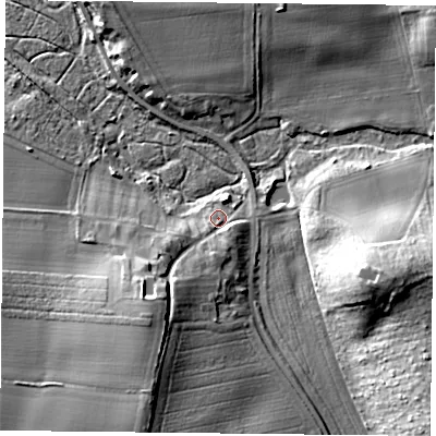Shaded relief map of the ground around NG229EX, computed from Environment Agency LiDAR. The ground here sits at about 40 m above sea level and falls 17 m across the surrounding 800 m. Surface water reaching this point runs off ground lying to the south, 4.5 m higher.
