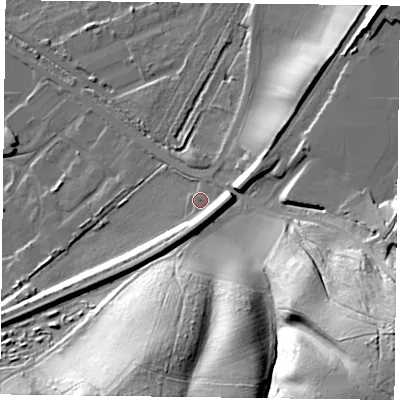 Shaded relief map of the ground around NG229LB, computed from Environment Agency LiDAR. The ground here sits at about 43 m above sea level and falls 58 m across the surrounding 800 m. Surface water reaching this point runs off ground lying to the east-south-east, 7.9 m higher.