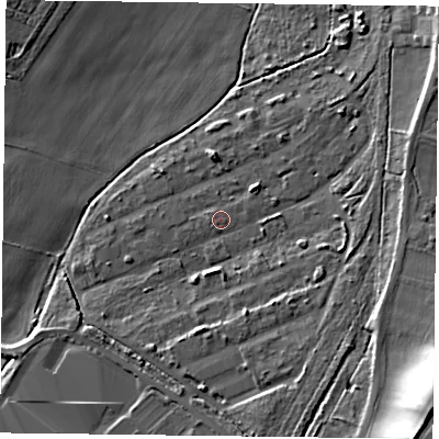 Shaded relief map of the ground around NG229LD, computed from Environment Agency LiDAR. The ground here sits at about 33 m above sea level and falls 25 m across the surrounding 800 m. Surface water reaching this point runs off ground lying to the west-south-west, 0.5 m higher.