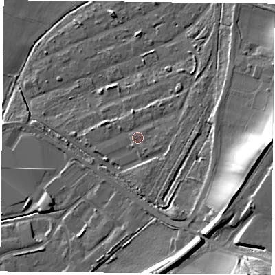 Shaded relief map of the ground around NG229LE, computed from Environment Agency LiDAR. The ground here sits at about 37 m above sea level and falls 28 m across the surrounding 800 m. Surface water reaching this point runs off ground lying to the east-south-east, 3.0 m higher.