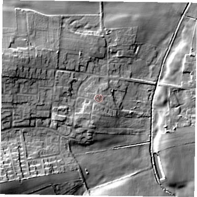 Shaded relief map of the ground around NG229NX, computed from Environment Agency LiDAR. The ground here sits at about 31 m above sea level and falls 14 m across the surrounding 800 m. Surface water reaching this point runs off ground lying to the south-south-west, 1.9 m higher.