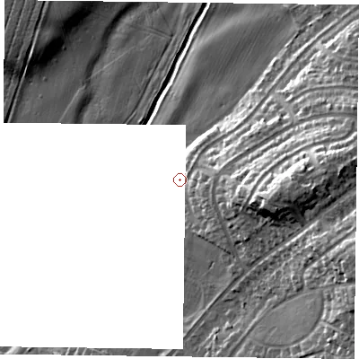 Shaded relief map of the ground around NG229RX, computed from Environment Agency LiDAR. The ground here sits at about 43 m above sea level and falls 23 m across the surrounding 800 m. Surface water reaching this point runs off ground lying to the east, 4.1 m higher.