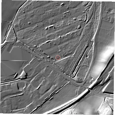 Shaded relief map of the ground around NG229US, computed from Environment Agency LiDAR. The ground here sits at about 37 m above sea level and falls 40 m across the surrounding 800 m. Surface water reaching this point runs off ground lying to the south-east, 5.9 m higher.