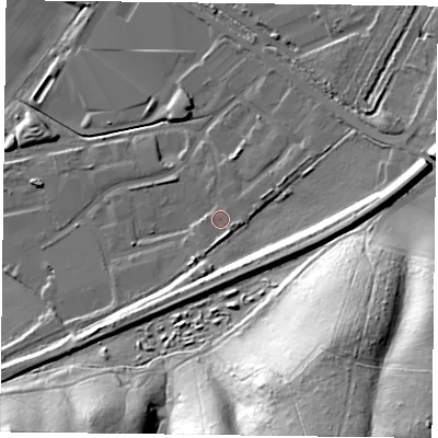 Shaded relief map of the ground around NG229YU, computed from Environment Agency LiDAR. The ground here sits at about 38 m above sea level and falls 52 m across the surrounding 800 m. Surface water reaching this point runs off ground lying to the south, 3.3 m higher.