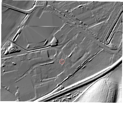 Shaded relief map of the ground around NG229ZD, computed from Environment Agency LiDAR. The ground here sits at about 37 m above sea level and falls 40 m across the surrounding 800 m. Surface water reaching this point runs off ground lying to the south-east, 1.1 m higher.