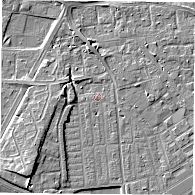 Shaded relief map of the ground around NG22EZ, computed from Environment Agency LiDAR. The ground here sits at about 25 m above sea level and falls 7 m across the surrounding 800 m. Surface water reaching this point runs off ground lying to the north-east, 1.2 m higher.