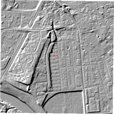 Shaded relief map of the ground around NG22FN, computed from Environment Agency LiDAR. The ground here sits at about 25 m above sea level and falls 10 m across the surrounding 800 m. Surface water reaching this point runs off ground lying to the west, 5.7 m higher.