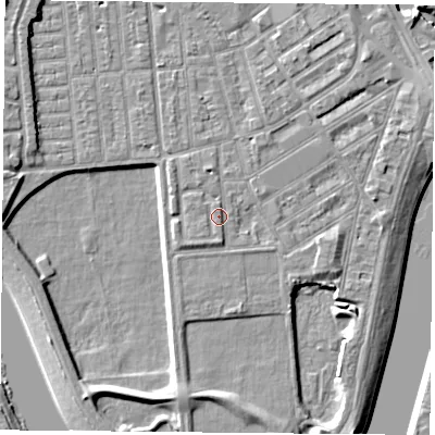 Shaded relief map of the ground around NG22GG, computed from Environment Agency LiDAR. The ground here sits at about 26 m above sea level and falls 7 m across the surrounding 800 m. Surface water reaching this point runs off ground lying to the south-south-west, 0.7 m higher.