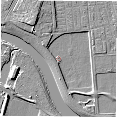 Shaded relief map of the ground around NG22GJ, computed from Environment Agency LiDAR. The ground here sits at about 24 m above sea level and falls 10 m across the surrounding 800 m. Surface water reaching this point runs off ground lying to the south-south-east, 3.7 m higher.