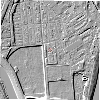 Shaded relief map of the ground around NG22GQ, computed from Environment Agency LiDAR. The ground here sits at about 25 m above sea level and falls 8 m across the surrounding 800 m. Surface water reaching this point runs off ground lying to the west, 0.8 m higher.