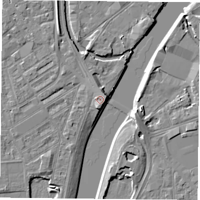 Shaded relief map of the ground around NG22GS, computed from Environment Agency LiDAR. The ground here sits at about 27 m above sea level and falls 7 m across the surrounding 800 m. Surface water reaching this point runs off ground lying to the east-south-east, 1.9 m higher.