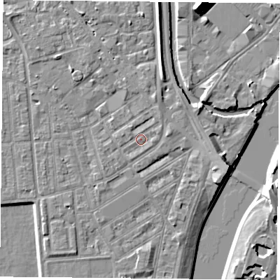 Shaded relief map of the ground around NG22GT, computed from Environment Agency LiDAR. The ground here sits at about 25 m above sea level and falls 10 m across the surrounding 800 m. Surface water reaching this point runs off ground lying to the east-north-east, 1.2 m higher.