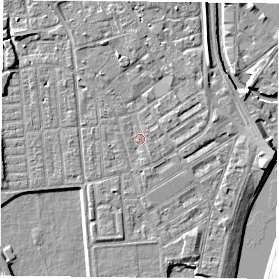 Shaded relief map of the ground around NG22GY, computed from Environment Agency LiDAR. The ground here sits at about 25 m above sea level and falls 7 m across the surrounding 800 m. Surface water reaching this point runs off ground lying to the north-east, 2.4 m higher.