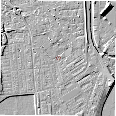 Shaded relief map of the ground around NG22HA, computed from Environment Agency LiDAR. The ground here sits at about 25 m above sea level and falls 10 m across the surrounding 800 m. Surface water reaching this point runs off ground lying to the south-south-west, 1.0 m higher.