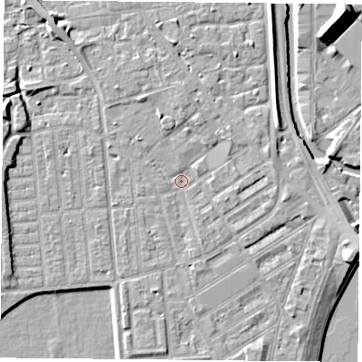 Shaded relief map of the ground around NG22HB, computed from Environment Agency LiDAR. The ground here sits at about 25 m above sea level and falls 10 m across the surrounding 800 m. Surface water reaching this point runs off ground lying to the south-south-west, 1.0 m higher.