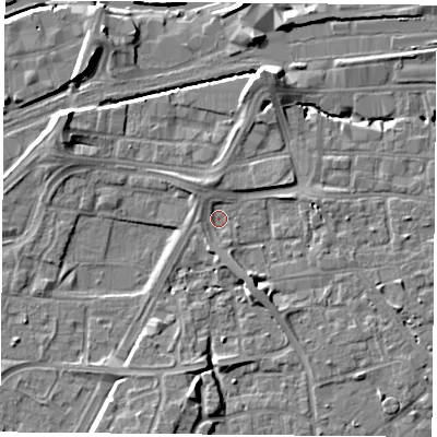 Shaded relief map of the ground around NG22HJ, computed from Environment Agency LiDAR. The ground here sits at about 25 m above sea level and falls 8 m across the surrounding 800 m. Surface water reaching this point runs off ground lying to the south-south-east, 4.0 m higher.
