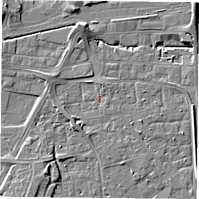 Shaded relief map of the ground around NG22HN, computed from Environment Agency LiDAR. The ground here sits at about 25 m above sea level and falls 11 m across the surrounding 800 m. Surface water reaching this point runs off ground lying to the west-south-west, 4.0 m higher.