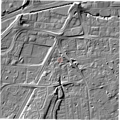 Shaded relief map of the ground around NG22HQ, computed from Environment Agency LiDAR. The ground here sits at about 25 m above sea level and falls 8 m across the surrounding 800 m. Surface water reaching this point runs off ground lying to the south-south-west, 3.8 m higher.
